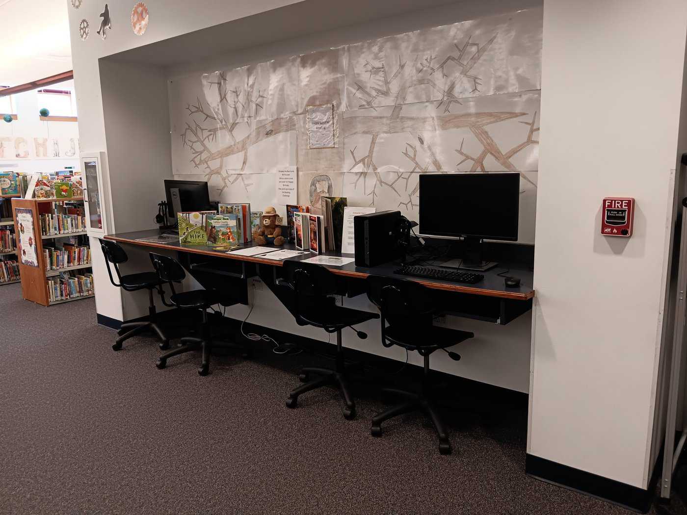 A desk with 2 computer workstations in the children's area