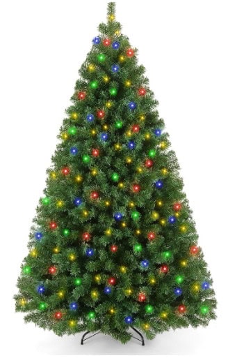 Evergreen Christmas tree decorated with colorful lights