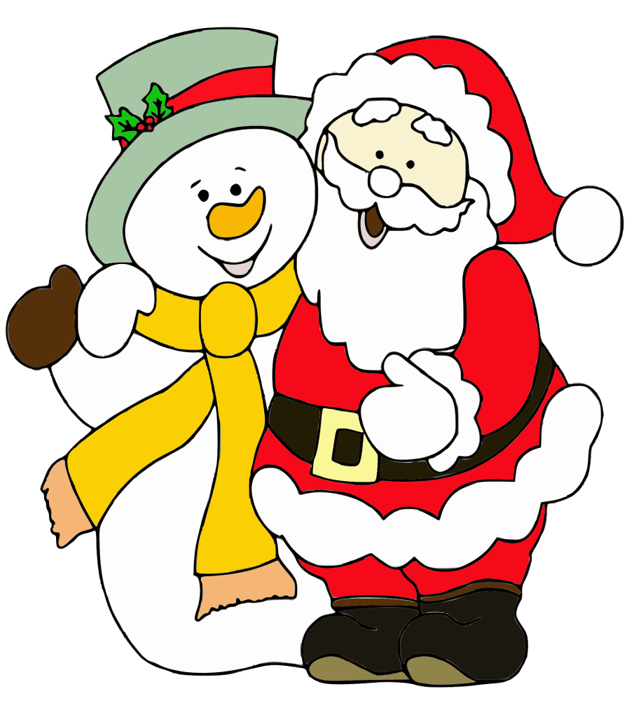 Santa Claus hugging a snowman with a yellow scarf and a green hat with red ribbon and Christmas holly